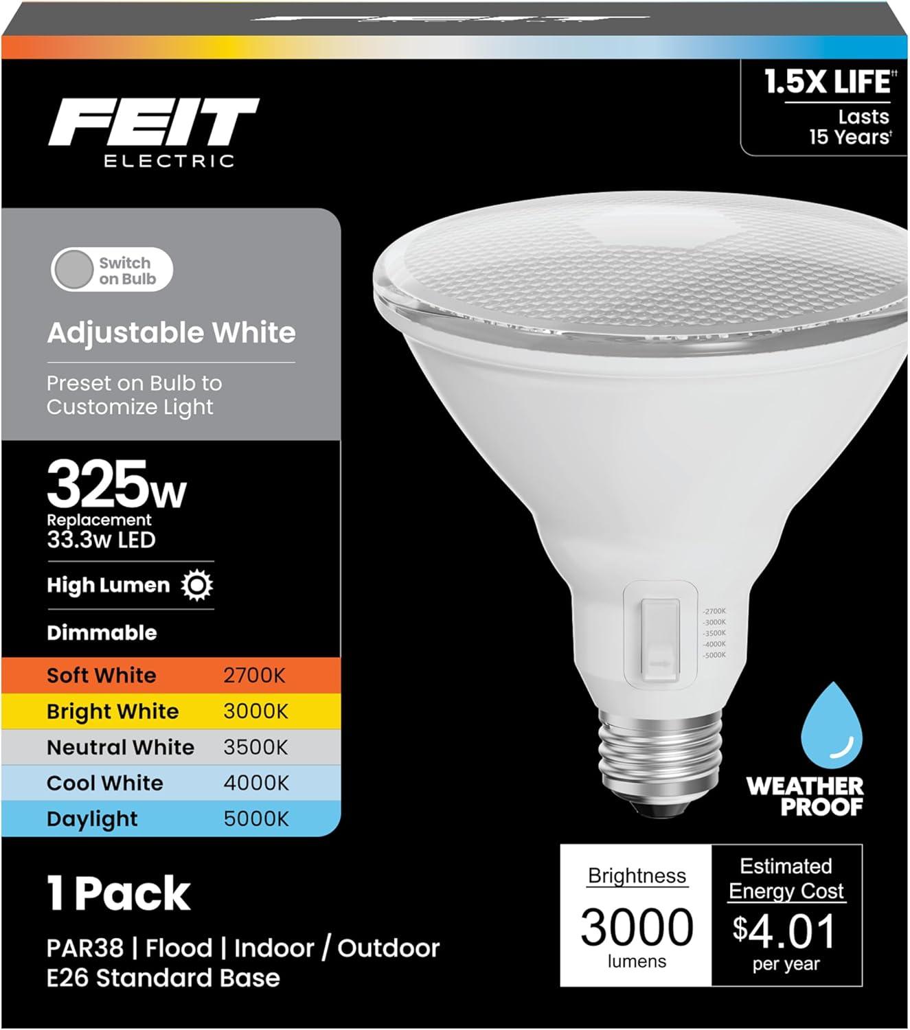 imageFeit Electric PAR38 LED Reflector Light Bulb 250W Equivalent 5 Color Temperatures Soft to Daylight Dimmable 2650 Lumens OutdoorIndoor Bulb for Security ampamp Accent Lighting PAR38250DM5CCTAdjustable White