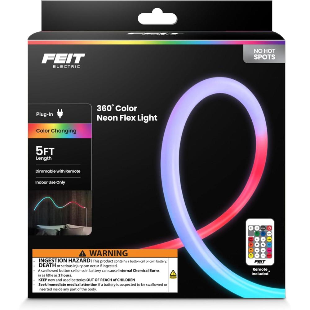 imageFeit Electric 10ft Outdoor Color ampamp Tunable White Neon Flex Light Dimmable Bendable Strip with Remote Control Chasing Effects Plugin Linkable up to 20ft Ideal for Decks ampamp Patios NF10CHASERGB  Chasing Light