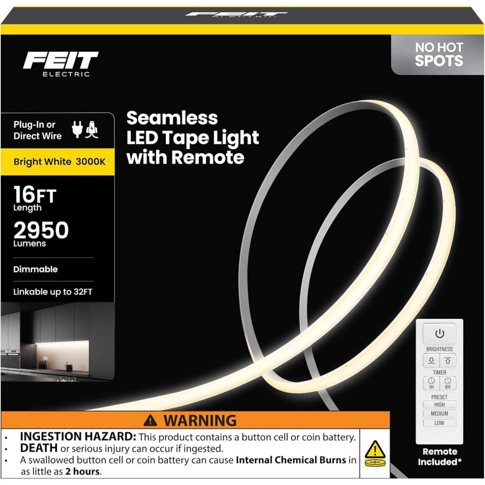 imageFeit Electric 20ft Color LED Tape Light COB Technology Customizable Length Remote Control UltraThin 10mm Design Perfect for Indoor Lighting Shelves Cabinets ampamp Staircases TAPE240COBRGB3000k Bright White