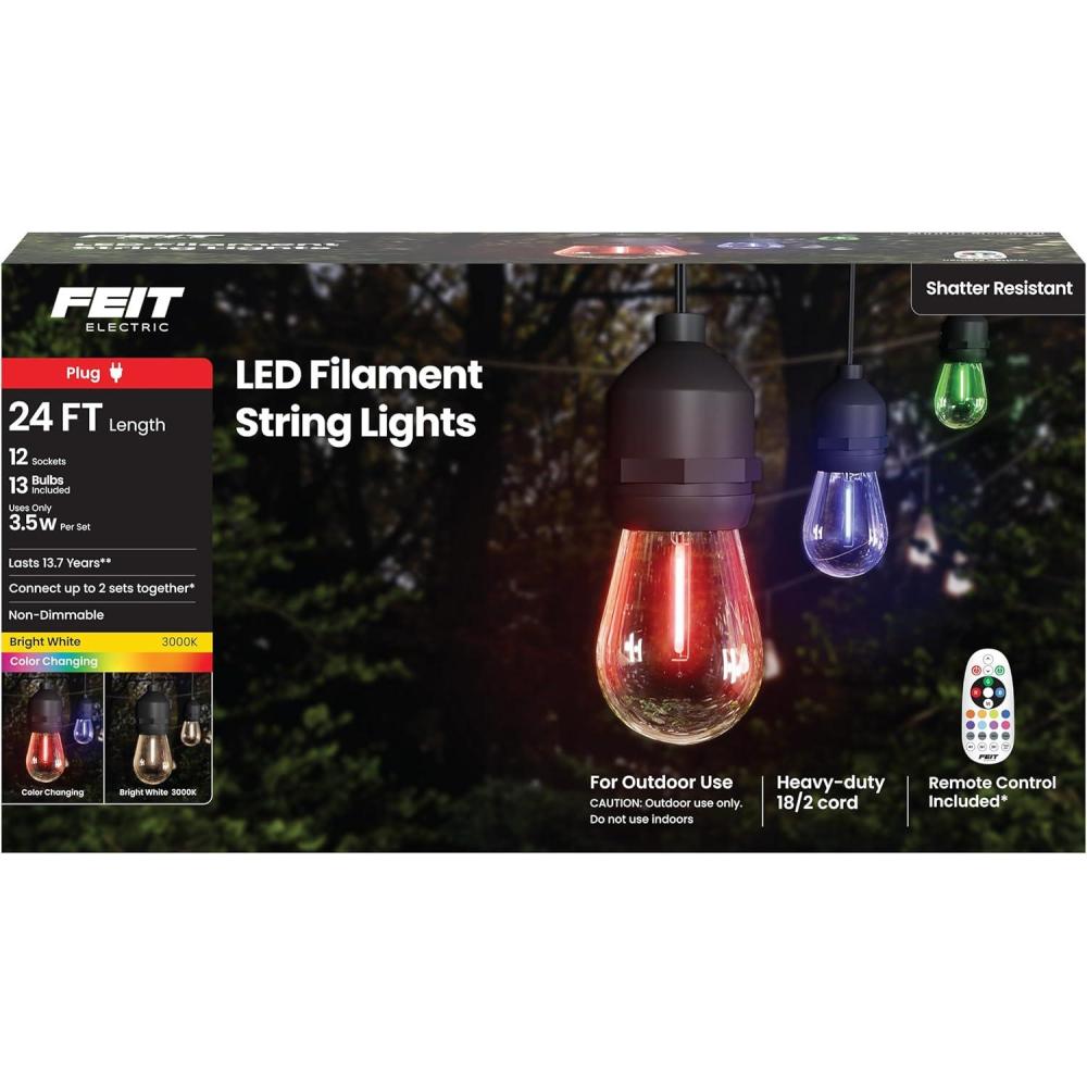 imageFeit Electric 24ft LED String Light Color Changing 3000K Bright White 15000Hour Lifetime HeavyDuty 182 Cord for Outdoor Use Only Linkable Remote Control Included SL2412RGBWWFIL