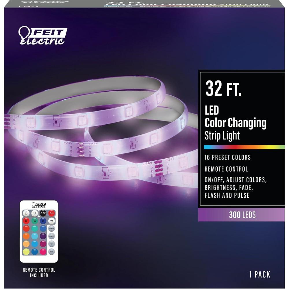 imageFeit Electric 32ft Color Changing LED Ultrathin Strip Light Flexible Cuttable 16 Preset Colors Adjustable Brightness ampamp Effects Remote Control Included No WiFi Needed TAPE384RGB