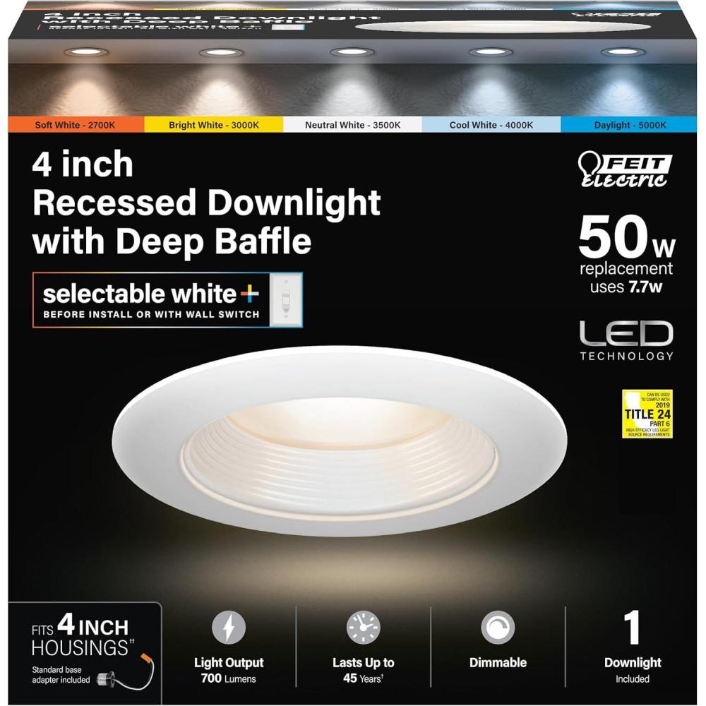 imageFeit Electric 4 inch Canless Recessed LED Downlight 50W Equivalent Dimmable Deep Baffle Trim with E26 Adapter 5CCT Color Select 700 Lumens 90 CRI 50000Hour Lifetime LEDR4DB6WYCA50W