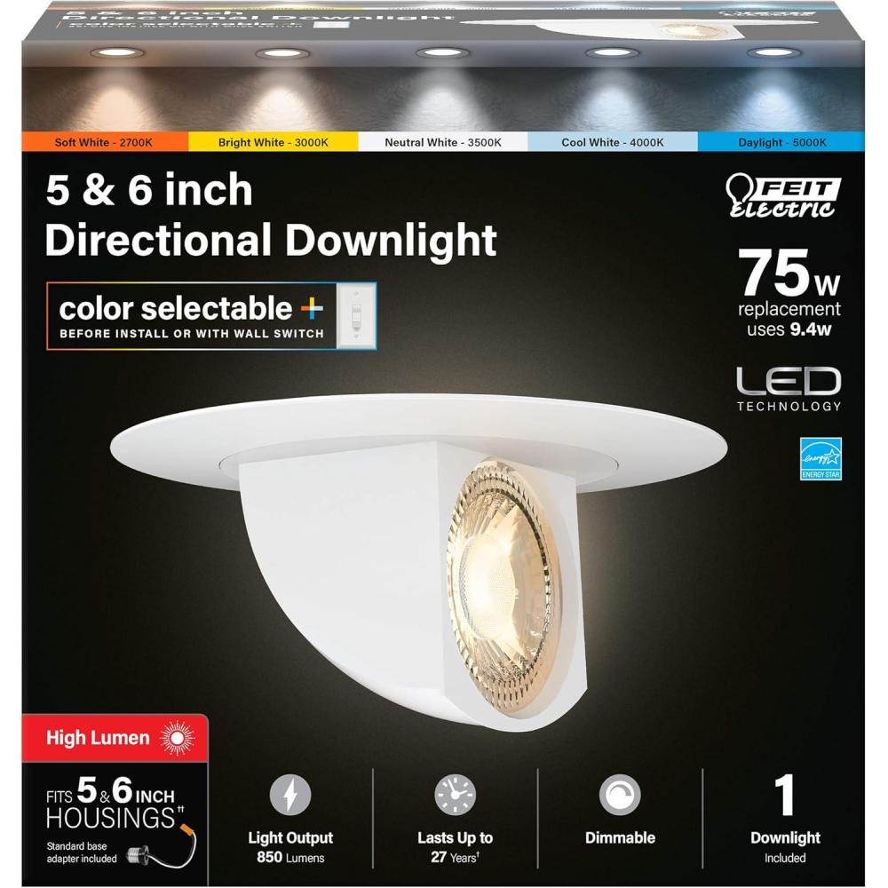 imageFeit Electric 56 inch Adjustable Scoop Recessed LED Downlight 3000K Bright White Dimmable 75W Equivalent 45 Year Life 850 Lumen High CRI LEDR56SCP930CASelectable