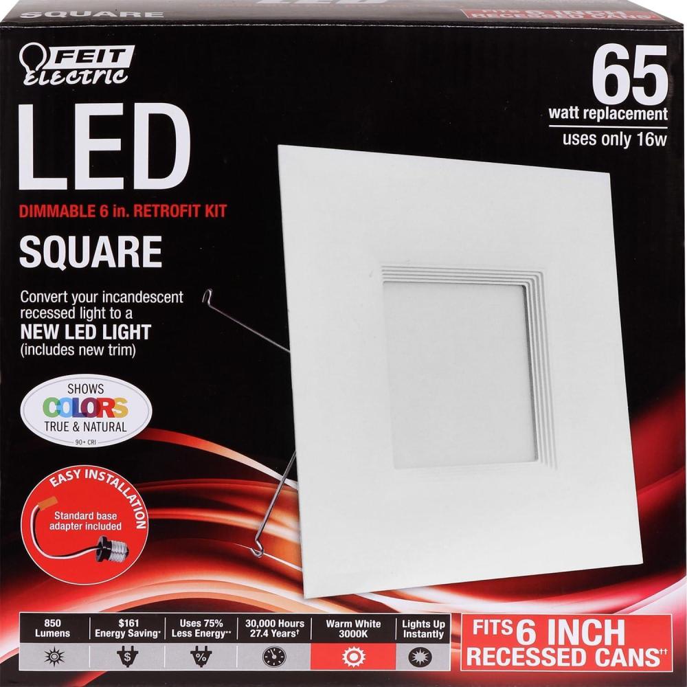 imageFeit Electric 6 inch LED Recessed Square Flat Panel Downlight 65W Equivalent Dimmable PreMounted Trim Retrofit Kit 3000K Warm White 90 CRI 850 Lumens 30000Hour Lifetime LEDRSQ69301 Count Pack of 1
