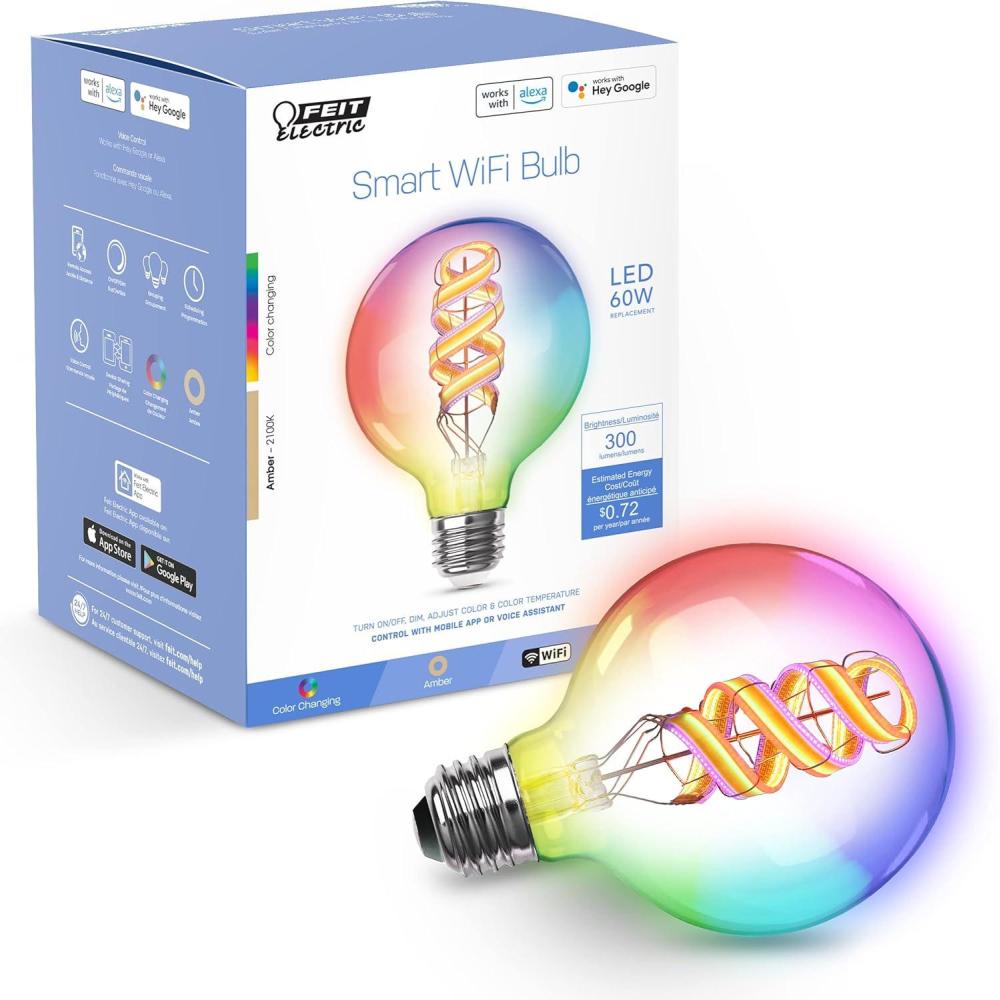 imageFeit Electric 60 Watt Equivalent Smart Filament Globe Bulb Spiral Filament WiFi Dimmable Works with Alexa and Google Assistant No Hub Required G30 Vanity LED Smart Light Bulb G3060RGBWFILAGRgbw Multicolor