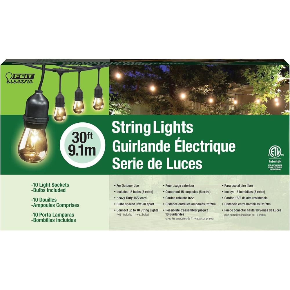 imageFeit Electric 72041 30 Foot HeavyDuty Weather Resistant Decorative Indoor and Outdoor 10 Sockets Incandescent String Lights 30 11W DimmableBlackWarm White