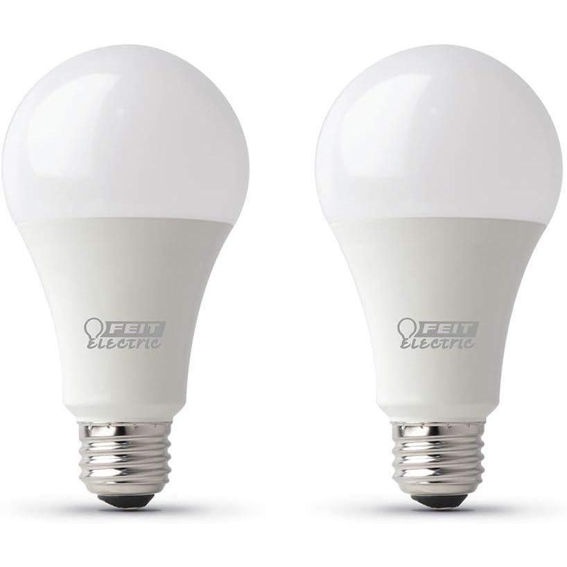 imageFeit Electric A19 100W Equivalent LED Light Bulbs Dimmable 3000k Bright White 1600 Lumens 22 Year Lifetime E26 Base CRI 90 UL Listed Damp Rated 2 Pack OM100DM930CA23000k Bright White