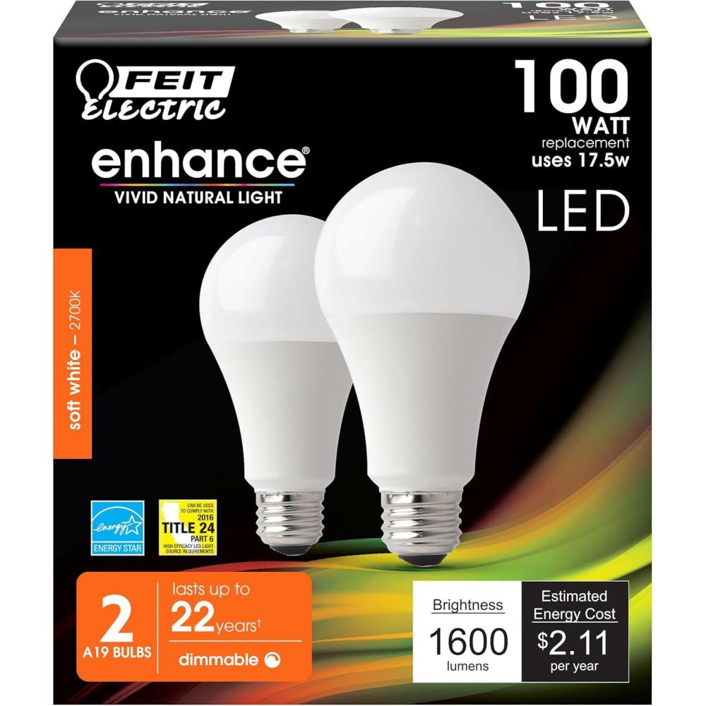 imageFeit Electric A19 100W Equivalent LED Light Bulbs Dimmable 3000k Bright White 1600 Lumens 22 Year Lifetime E26 Base CRI 90 UL Listed Damp Rated 2 Pack OM100DM930CA2Soft White