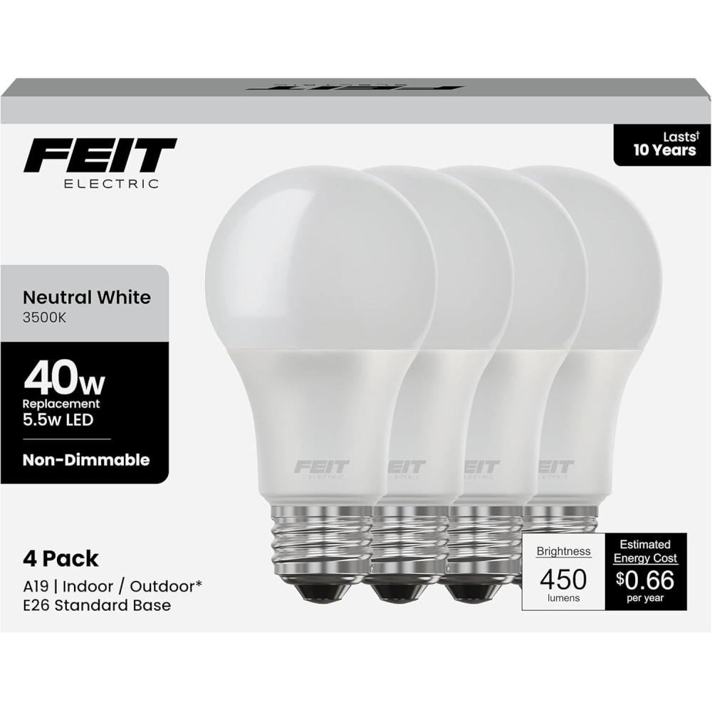 imageFeit Electric A19 LED Light Bulb 40Watt Equivalent 3500K Neutral White E26 Base 450 Lumens 11000Hour Lifespan Generalpurpose Residential or Commercial Applications A45083510KLED4 4Pack3500k Neutral White