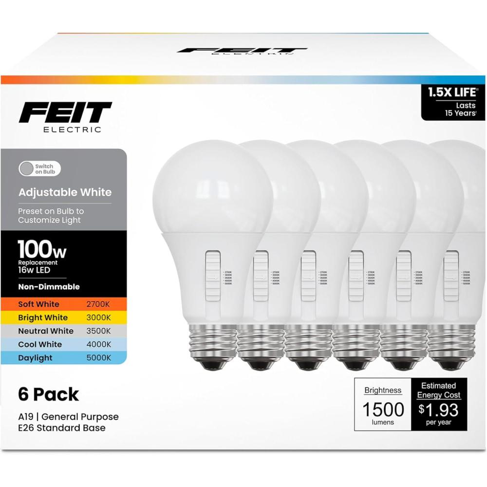 imageFeit Electric A19 LED Light Bulb 60W Replacement Dimmable Selectable Color Temperatures 2700K5000K 800 Lumens General Purpose Light Bulbs 15000Hour Lifetime OM60DM5CCTCALED10 10 PackNONDIMMABLE