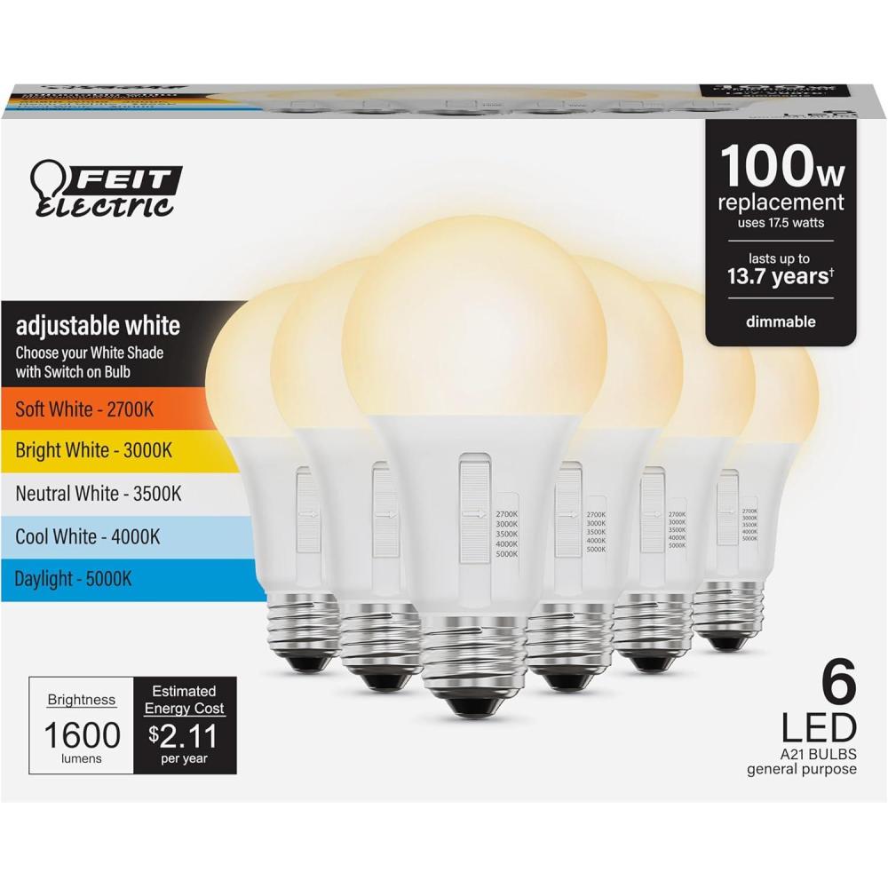 imageFeit Electric A19 LED Light Bulb 60W Replacement Dimmable Selectable Color Temperatures 2700K5000K 800 Lumens General Purpose Light Bulbs 15000Hour Lifetime OM60DM5CCTCALED10 10 PackDIMMABLE