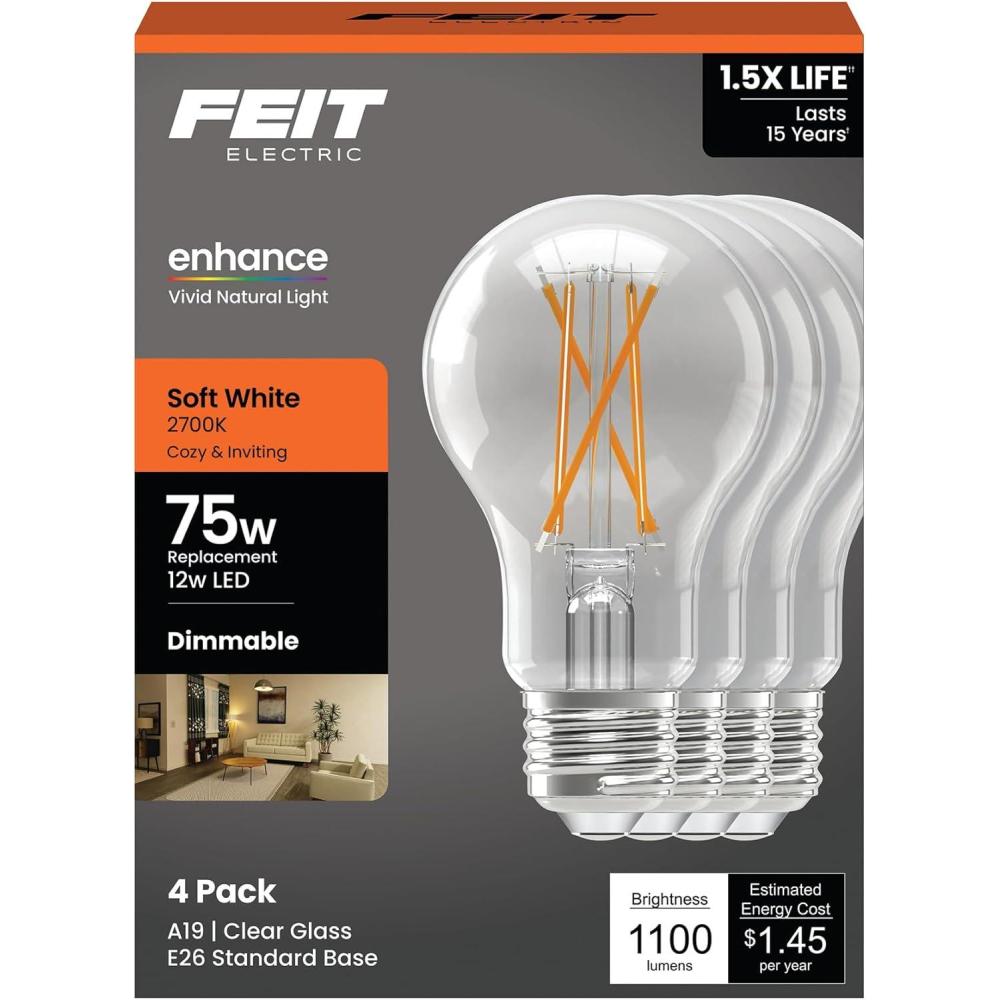 imageFeit Electric A19 LED Light Bulb 75W Equivalent 1100 Lumens 5000K Daylight Dimmable Clear Glass E26 Base 12W General Purpose LED Light Bulbs 17000Hour Lifespan A1975CL950CAFIL4GB 4 Pack2700k Soft White