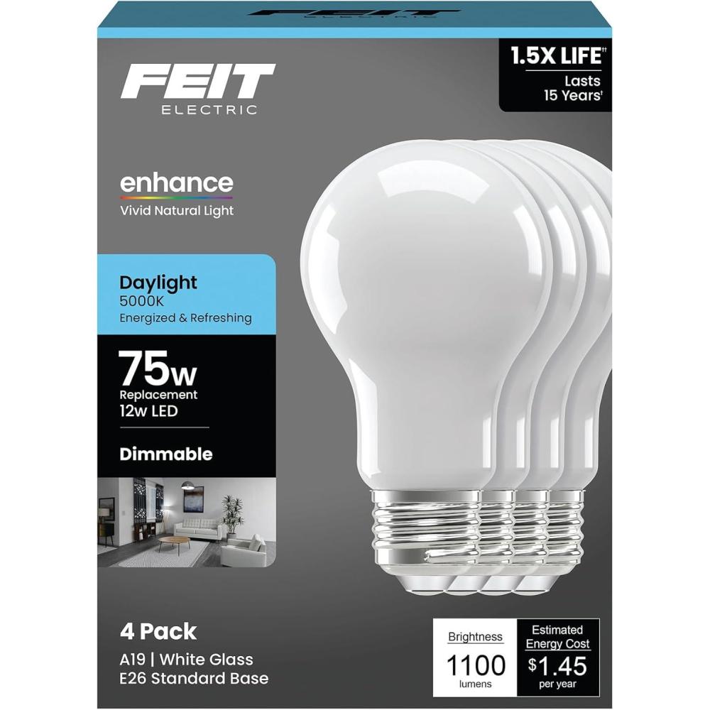 imageFeit Electric A19 LED Light Bulb 75W Equivalent Dimmable E26 Base 5000k Daylight 1100 Lumens Clear Glass Filament Light Bulbs 15000Hour Lifetime A1975CL950CAFIL24 8 Pack5000k Daylight