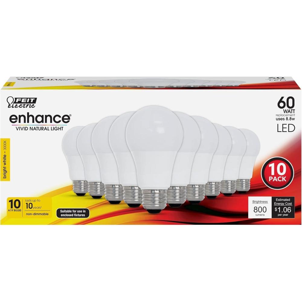 imageFeit Electric A19 LED Light Bulbs 60W Equivalent Dimmable E26 Standard Base 90 CRI 800 Lumens 2700K Soft White 120V 22 Years Lifetime Damp Rated 8 Pack OM60DM927CA83000k Bright White