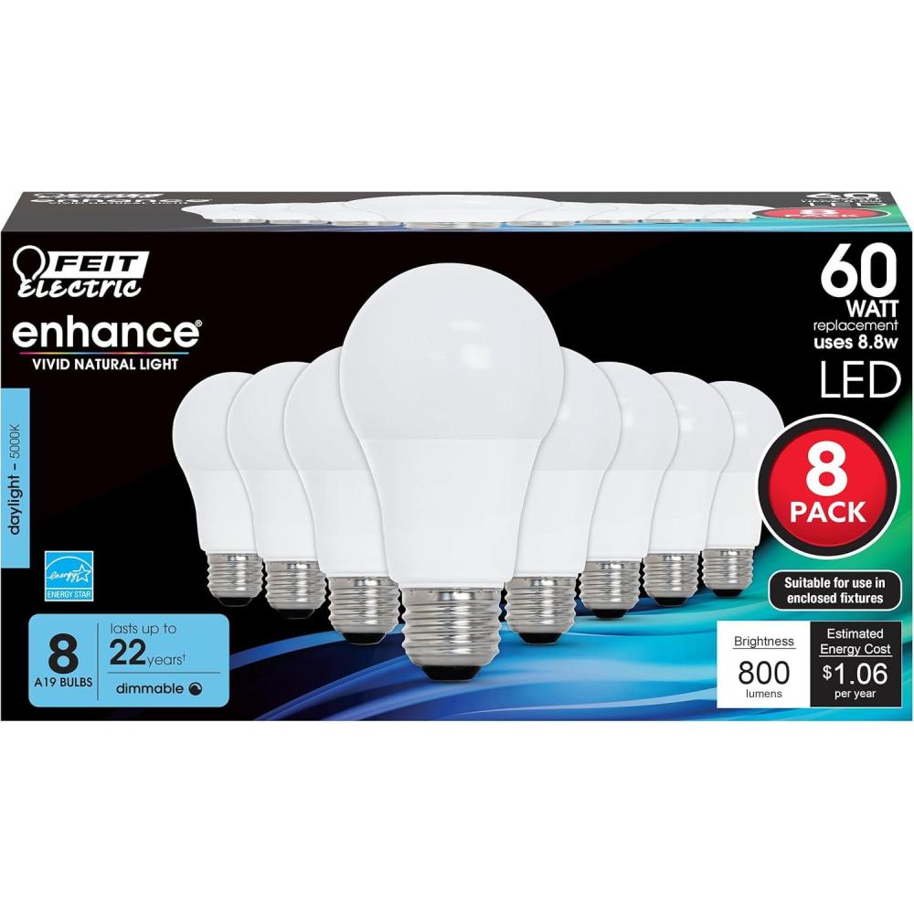 imageFeit Electric A19 LED Light Bulbs 60W Equivalent Dimmable E26 Standard Base 90 CRI 800 Lumens 2700K Soft White 120V 22 Years Lifetime Damp Rated 8 Pack OM60DM927CA85000k Daylight