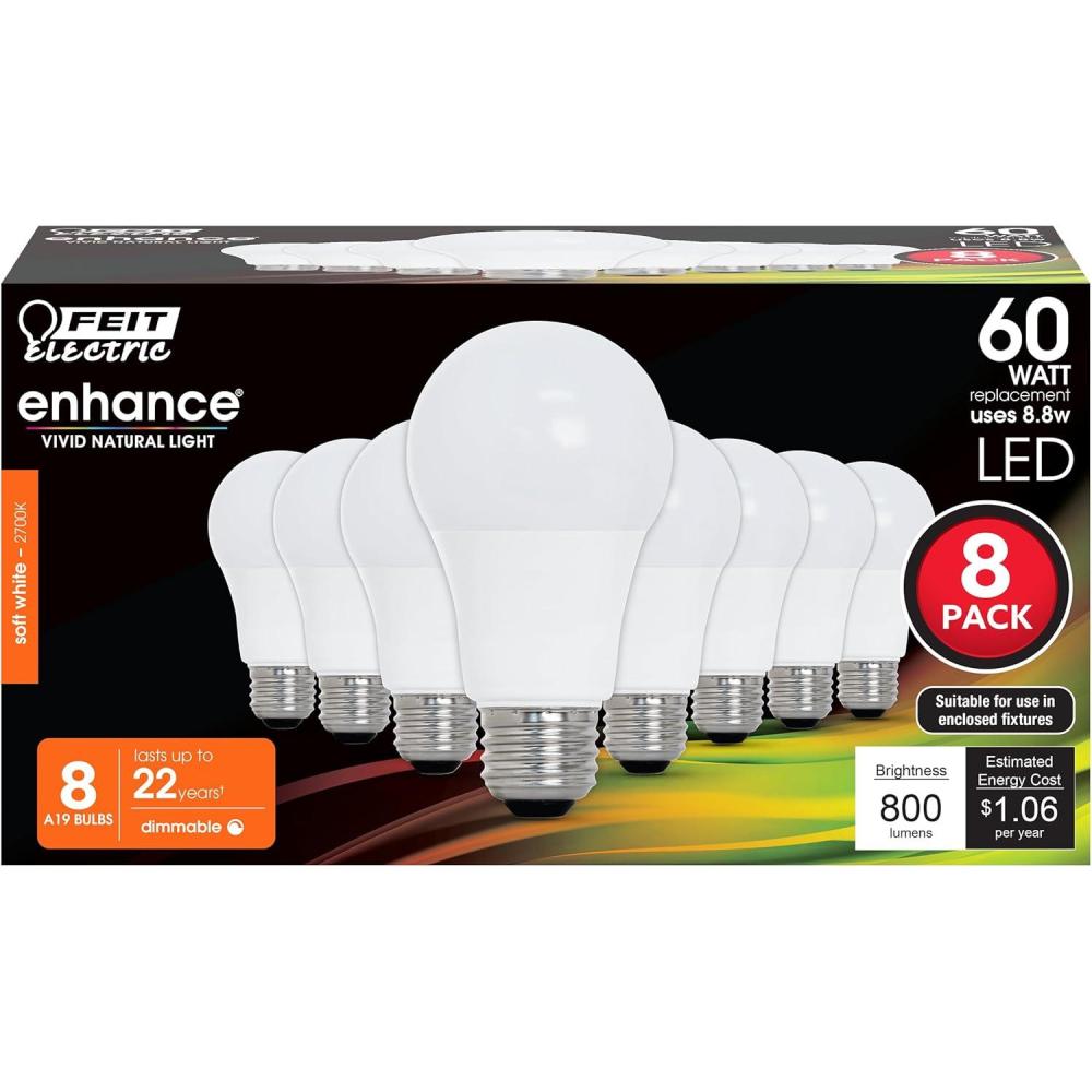 imageFeit Electric A19 LED Light Bulbs 60W Equivalent Dimmable E26 Standard Base 90 CRI 800 Lumens 2700K Soft White 120V 22 Years Lifetime Damp Rated 8 Pack OM60DM927CA82700k Soft White