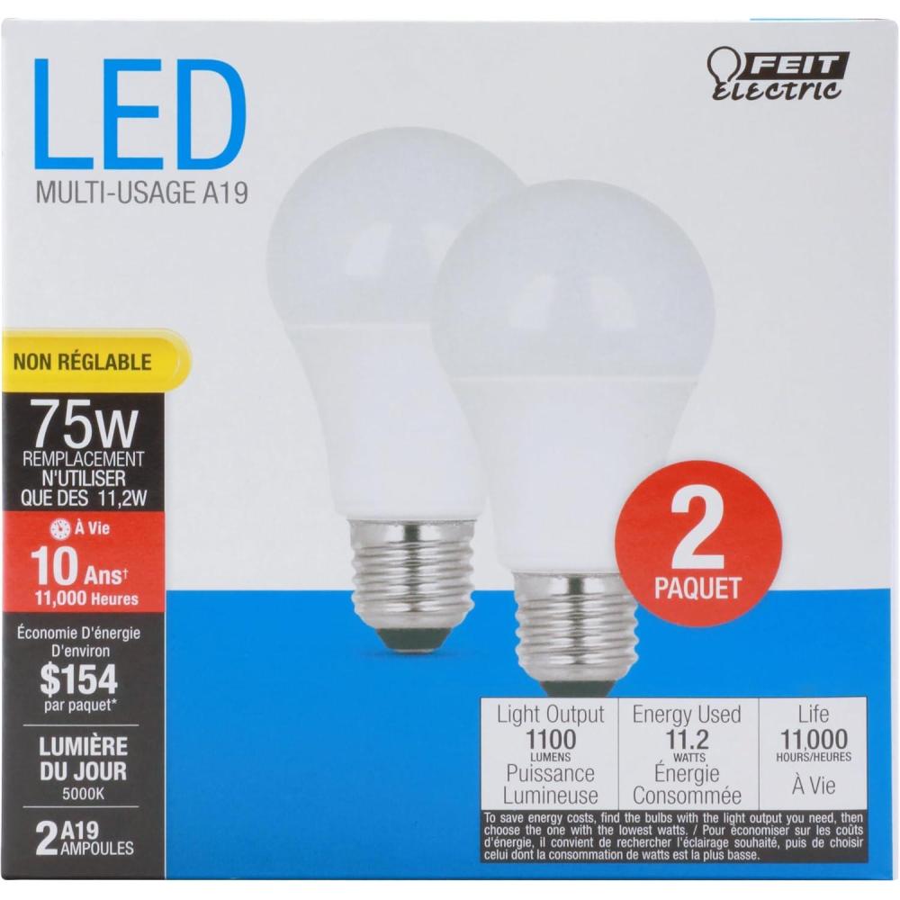 imageFeit Electric A19 LED Light Bulbs 60W Equivalent Non Dimmable 800 Lumens E26 Standard Base 5000k Daylight 80 CRI 10 Year Lifetime Energy Efficient 24 Pack A80085010KLEDMP245000k Daylight