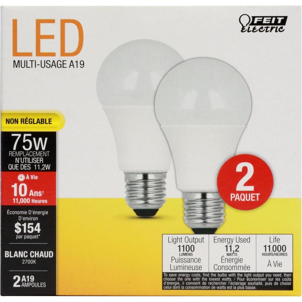 imageFeit Electric A19 LED Light Bulbs 60W Equivalent Non Dimmable 800 Lumens E26 Standard Base 5000k Daylight 80 CRI 10 Year Lifetime Energy Efficient 24 Pack A80085010KLEDMP242700k Soft White