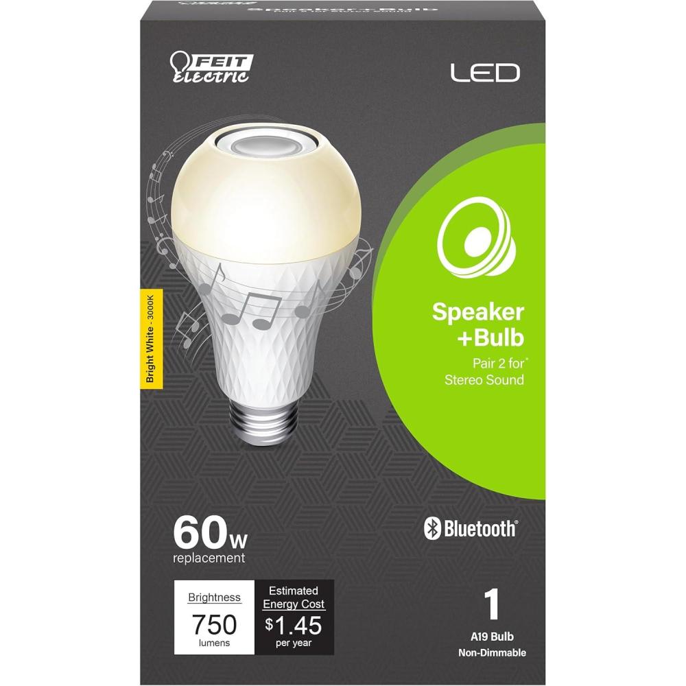 imageFeit Electric A19 LED Speaker Light Bulb 60W Equivalent Builtin Speaker IntelliBulb E26 Medium Base 750 Lumens 3000K Bright White  BTOM60830LEDIWhite Light