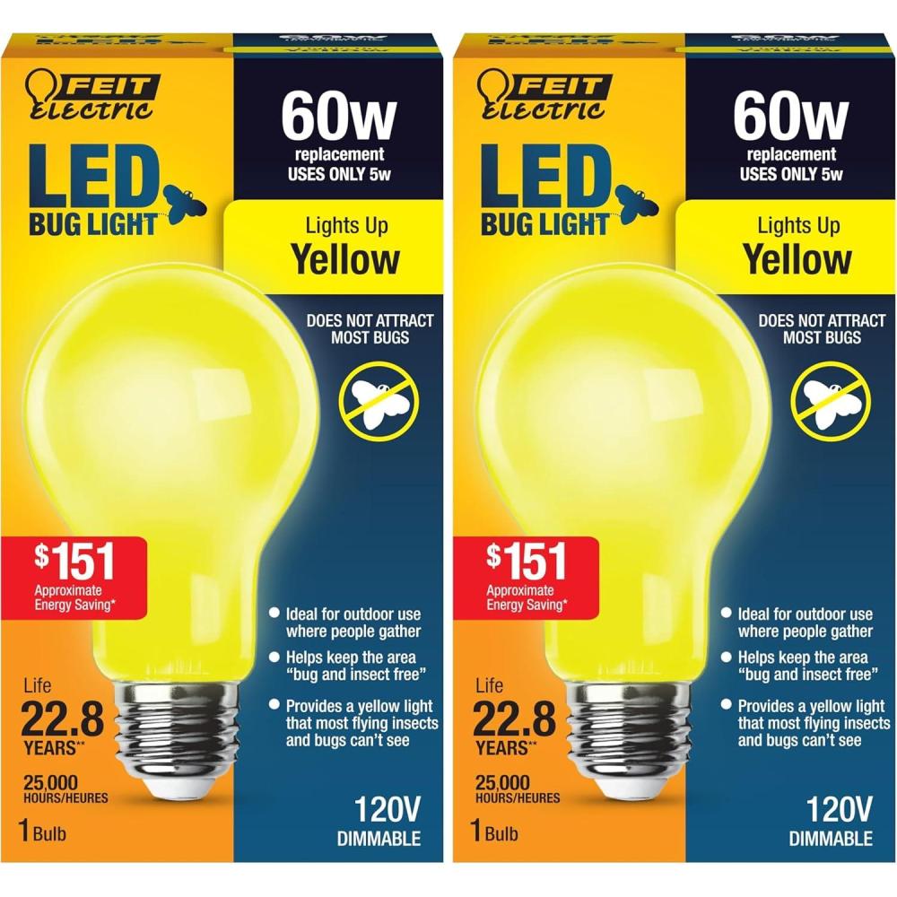 imageFeit Electric A19 Outdoor LED Bug Light 60Watt Equivalent Dimmable E26 Base 800 Lumens Color Selectable 13 Years Lifetime Pack of 1 OM60BUG950LEDIRP1 Count Pack of 2