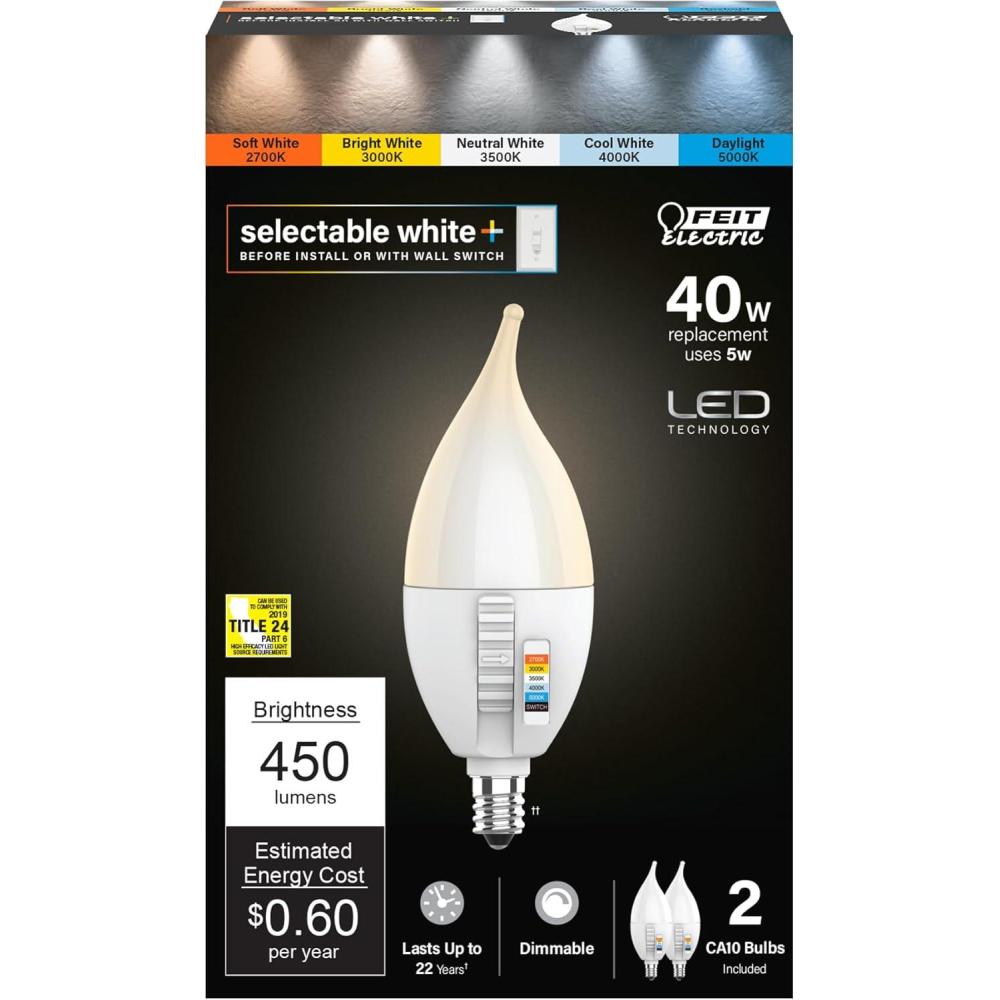 imageFeit Electric A21 100W LED Light Bulb 100W Equivalent Dimmable Color Selectable 6Way 5CCT E26 Medium Base 90CRI 1600 Lumens 22Year Life Damp Rated LED Lightbulb OM100DM6WYCA2 2 PackCA10