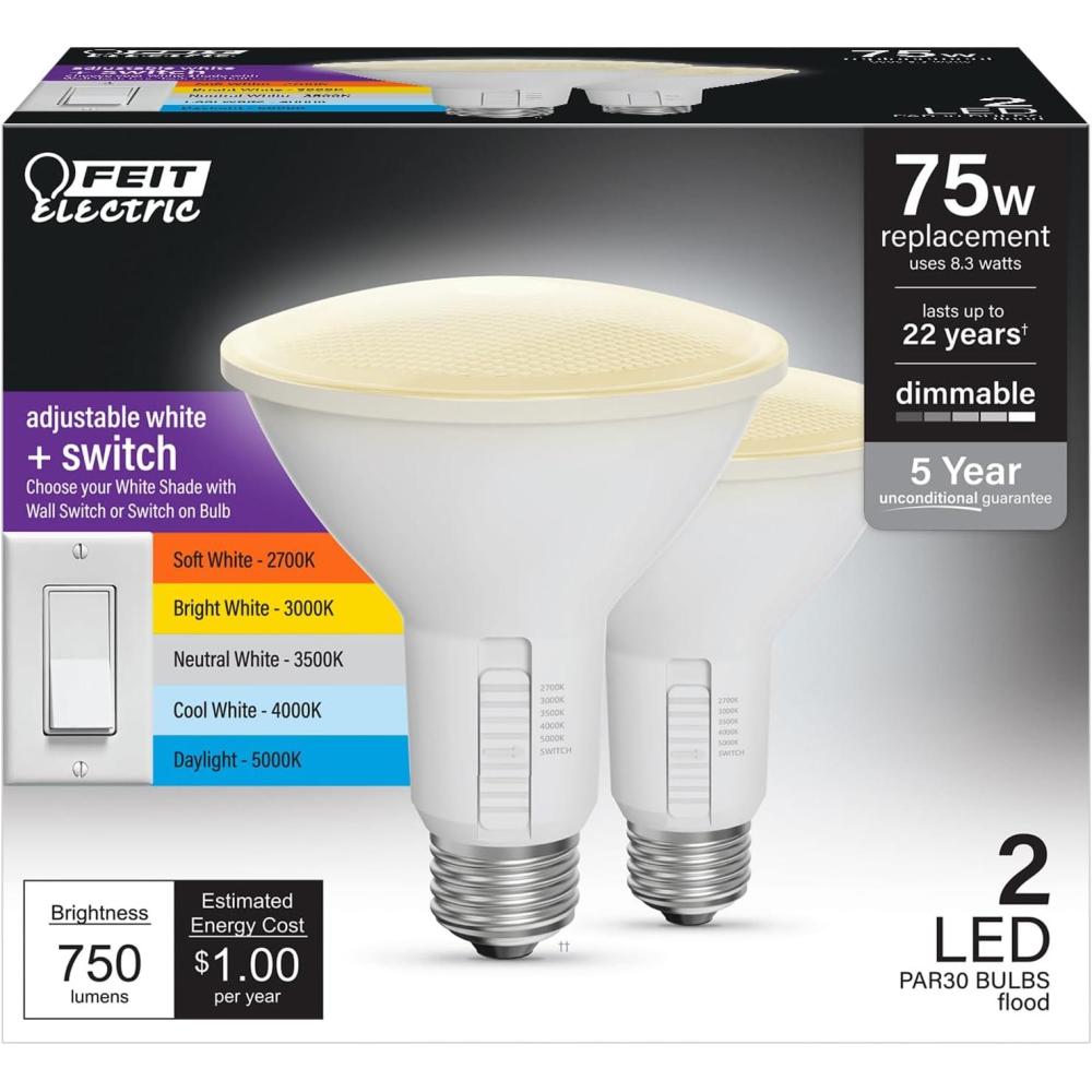 imageFeit Electric A21 100W LED Light Bulb 100W Equivalent Dimmable Color Selectable 6Way 5CCT E26 Medium Base 90CRI 1600 Lumens 22Year Life Damp Rated LED Lightbulb OM100DM6WYCA2 2 PackPAR30