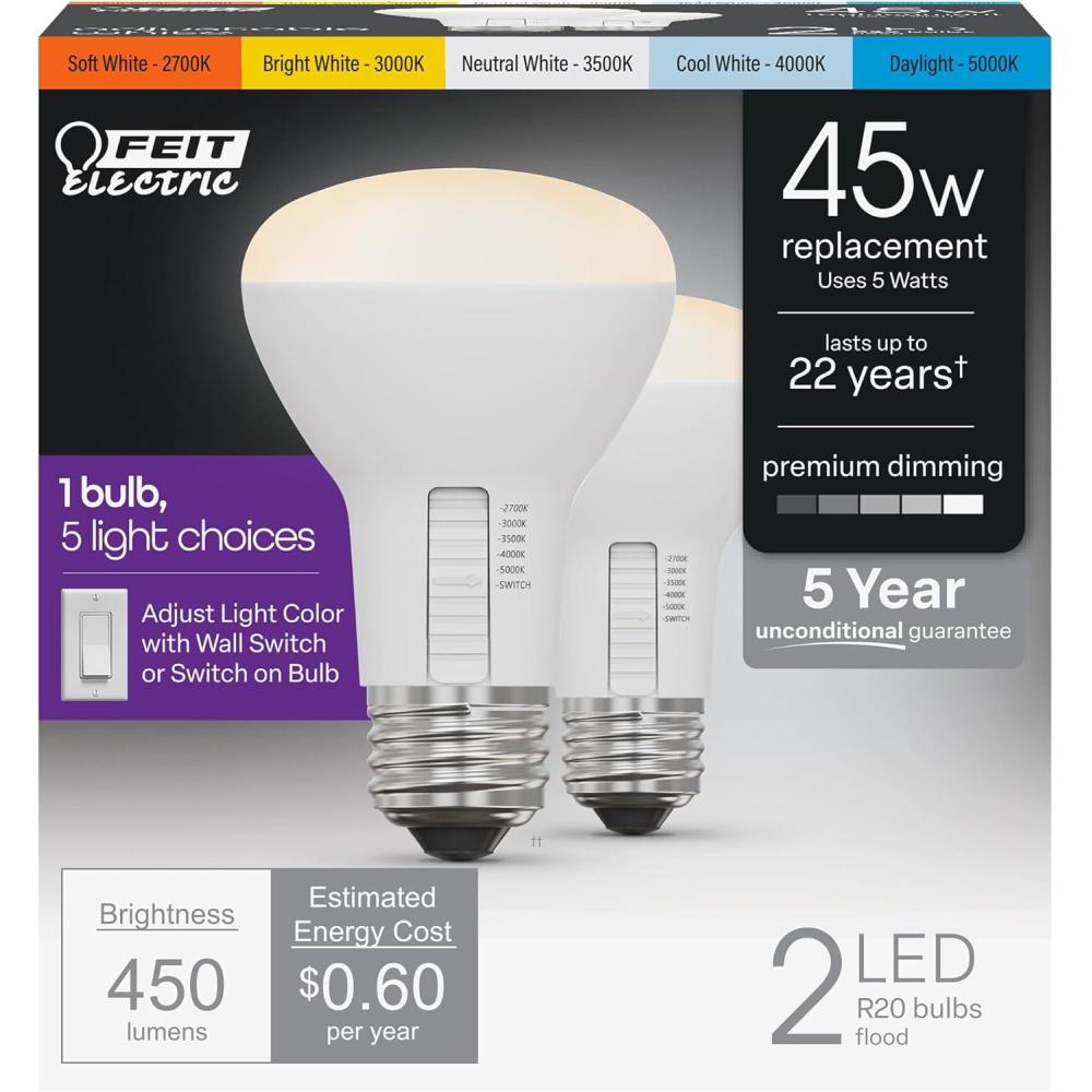 imageFeit Electric A21 100W LED Light Bulb 100W Equivalent Dimmable Color Selectable 6Way 5CCT E26 Medium Base 90CRI 1600 Lumens 22Year Life Damp Rated LED Lightbulb OM100DM6WYCA2 2 PackR20