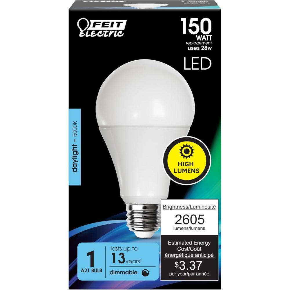 imageFeit Electric A23 LED Light Bulb 300W Equivalent NonDimmable 4060 Lumens E26 Standard Base 5000k Daylight 80 CRI High Output LED Bulb Damp Rated 22 Year Lifetime OM300850LED5000k Daylight