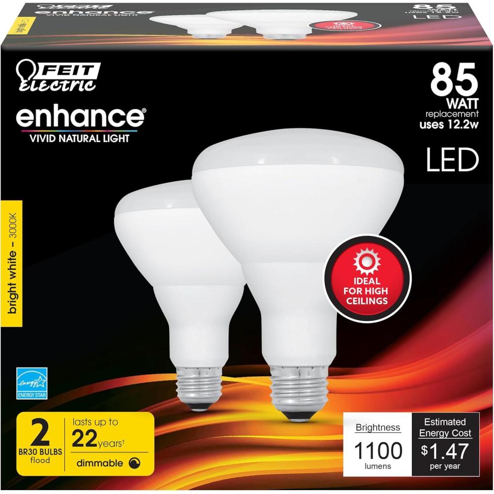imageFeit Electric BR30 LED Light Bulb 85W Equivalent Dimmable Floodlight E26 Medium Base CRI 90 1100 Lumens 3000K Bright White 22Year Lifetime BR30DMHO930CA2 2 Pack3000k Bright White