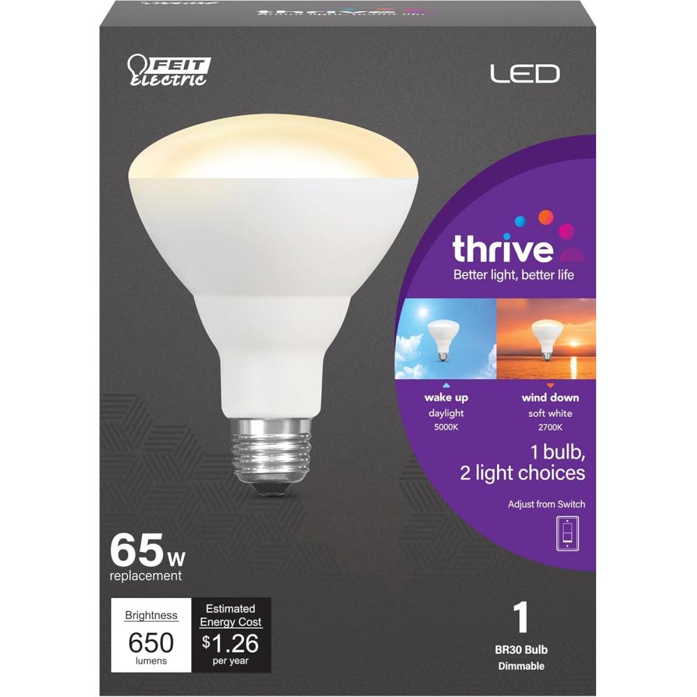 imageFeit Electric BR30 with E26 Medium Base LED Light Bulb Multiolor Choice Intellibulb  65W Equivalent  15 Year Life  650 Lumens  2700K Soft White 4000K Cool White and 5000K Daylight  BR30CCTLEDI5000k Daylight