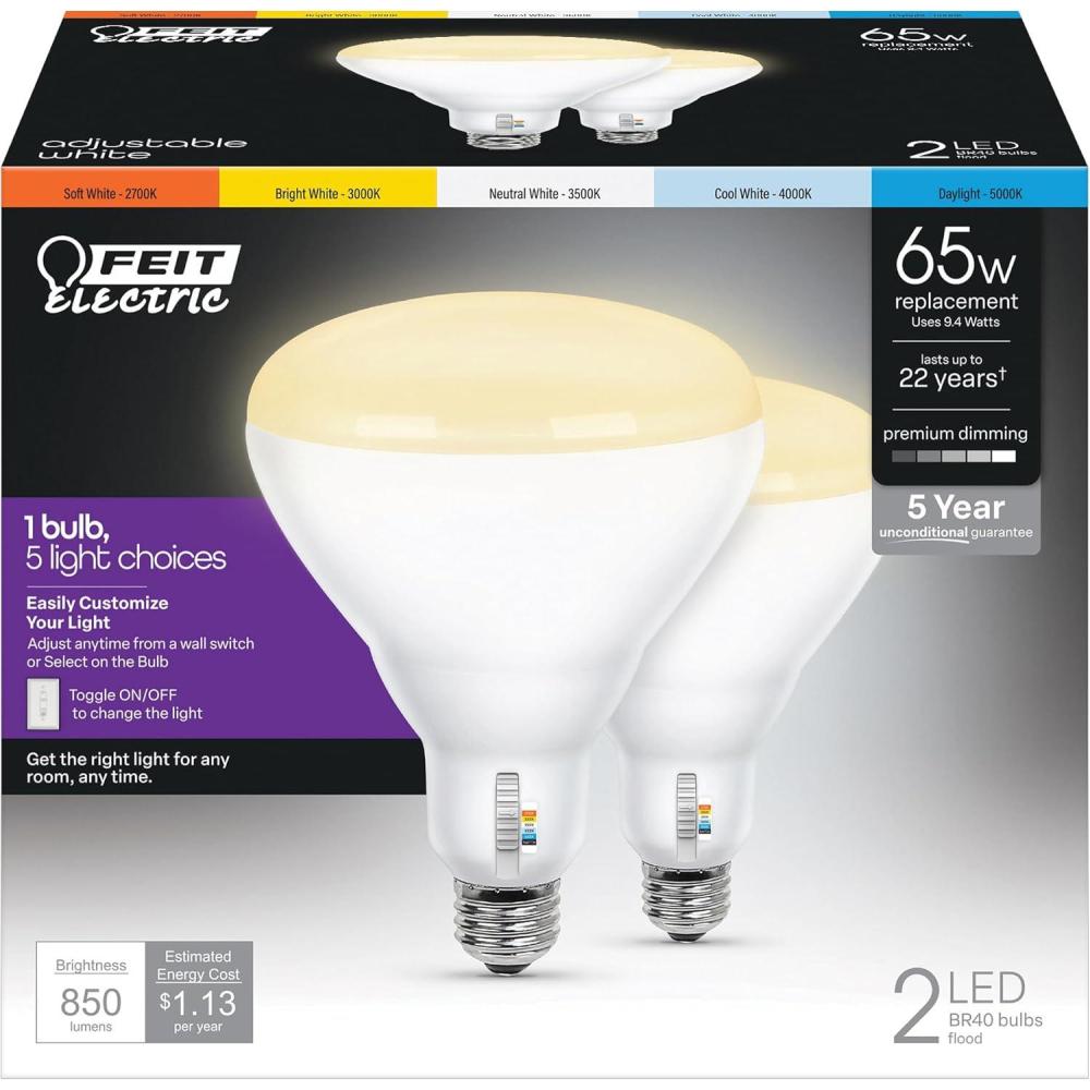 imageFeit Electric BR40 LED Light Bulb 100W Equivalent Dimmable 1400 Lumens 5Color Adjustable White 90 CRI General Purpose Flood ampamp Track Lighting 25000Hour Lifetime BR40100DM6WYCA2 2 PackBR40