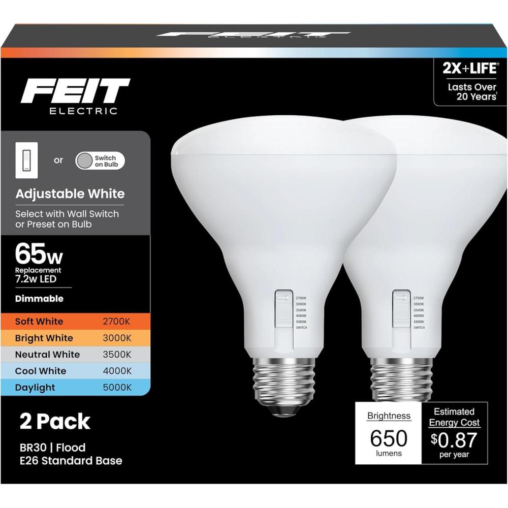 imageFeit Electric BR40 LED Light Bulb 100W Equivalent Dimmable 1400 Lumens 5Color Adjustable White 90 CRI General Purpose Flood ampamp Track Lighting 25000Hour Lifetime BR40100DM6WYCA2 2 PackBR30