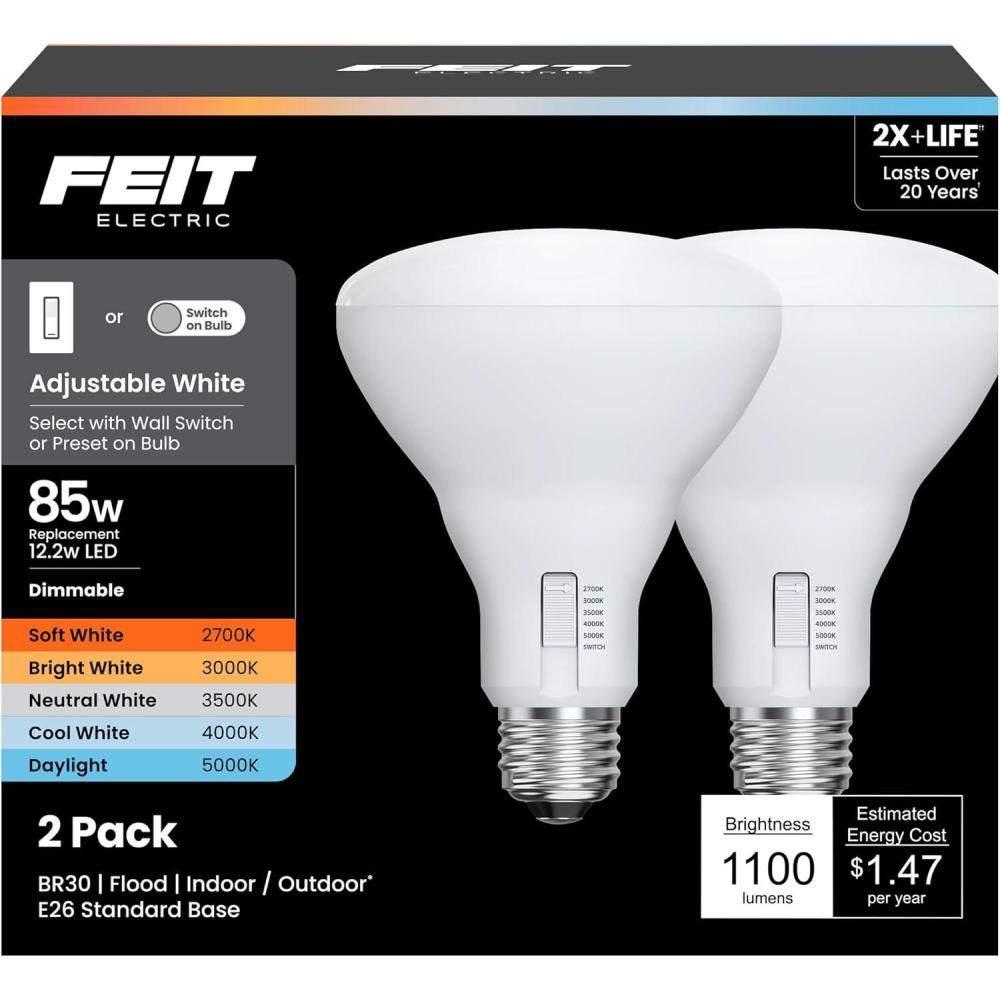 imageFeit Electric BR40 LED Light Bulb 100W Equivalent Dimmable 1400 Lumens 5Color Adjustable White 90 CRI General Purpose Flood ampamp Track Lighting 25000Hour Lifetime BR40100DM6WYCA2 2 PackBR30 85W