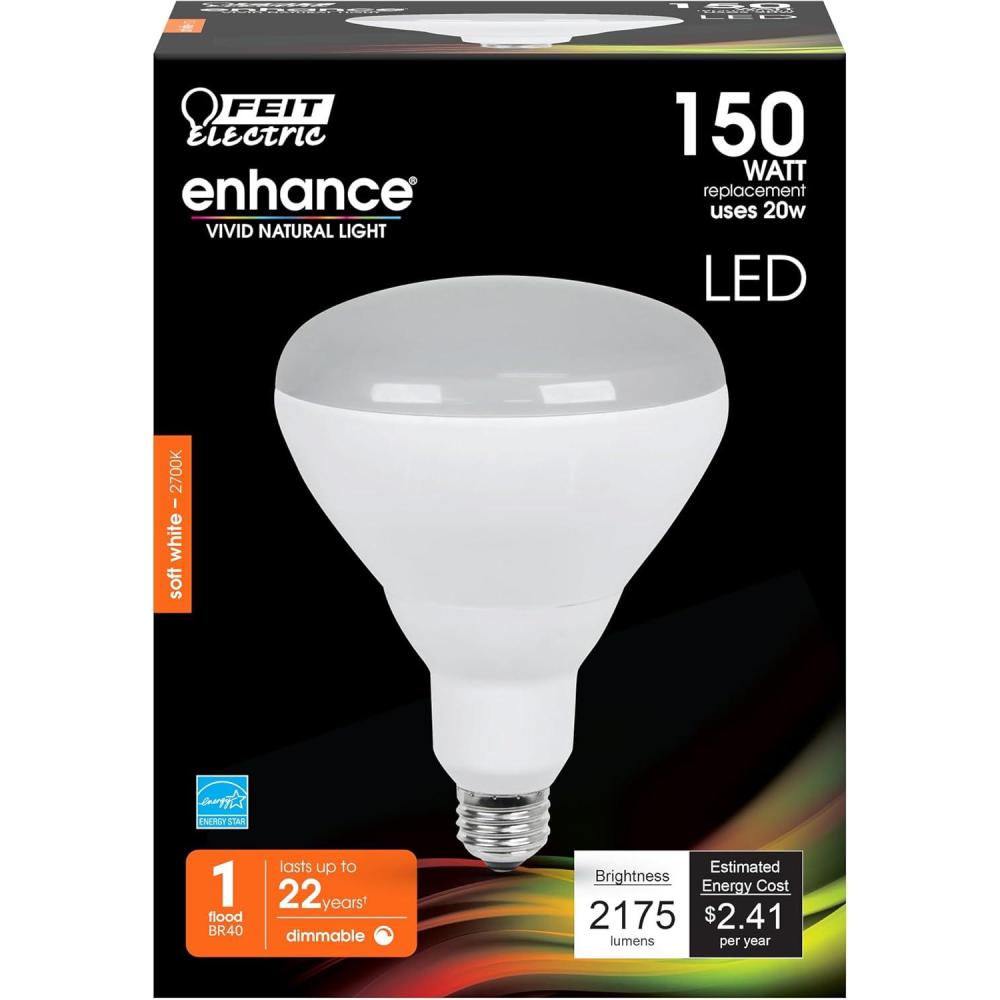imageFeit Electric BR40 LED Light Bulb 150W Equivalent Dimmable 2175 Lumens E26 Medium Base 5000K Daylight 90 CRI Flood Light Bulb for Recessed Cans Damp Rated 22Year Lifetime BR40DM2175950CA2700k Soft White