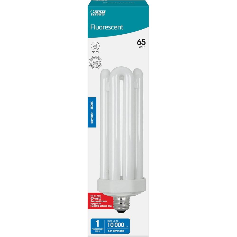 imageFeit Electric CFL Quad Tube Light Bulb 300W Equivalent E26 Base with Mogul Base Adapter 65Watt CFL Light Bulb for Residential ampamp Commercial Use 6500K Daylight 10000Hour Lifespan PLF6565G2