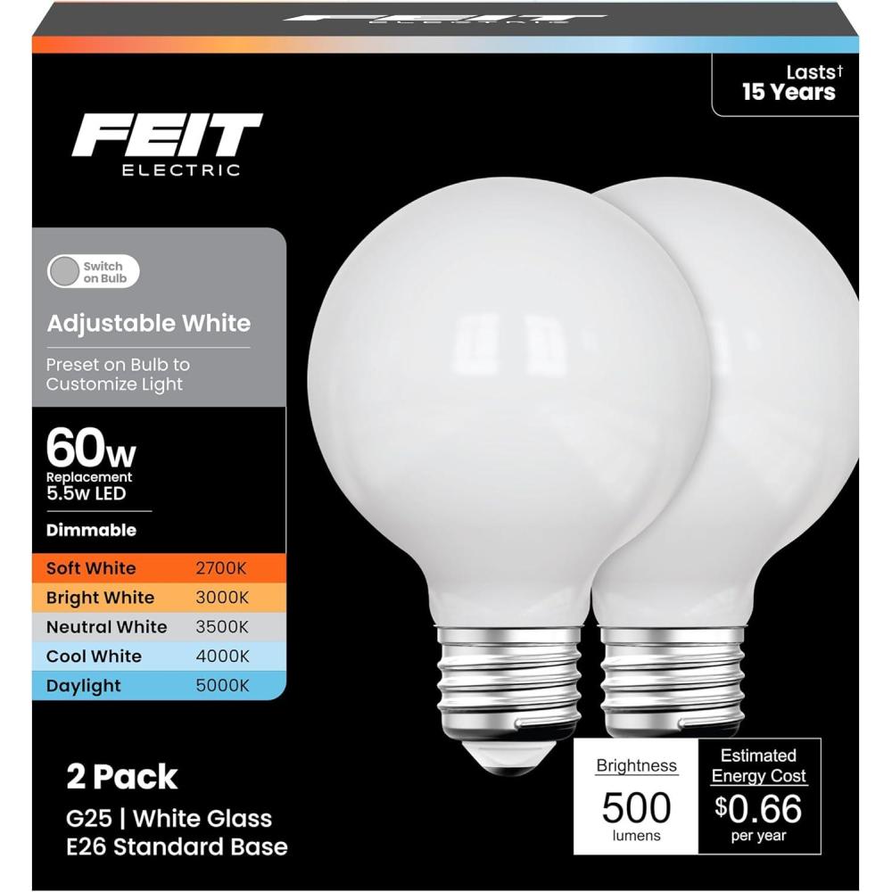 imageFeit Electric Enhance LED G25 Glass Filament Globe Bulb 5CCT Adjustable White Soft to Daylight Dimmable 90 CRI 60W Equivalent Decorative Light for Vanity ampamp Pendant G2560W5CCTCAFIL2 2 Pack