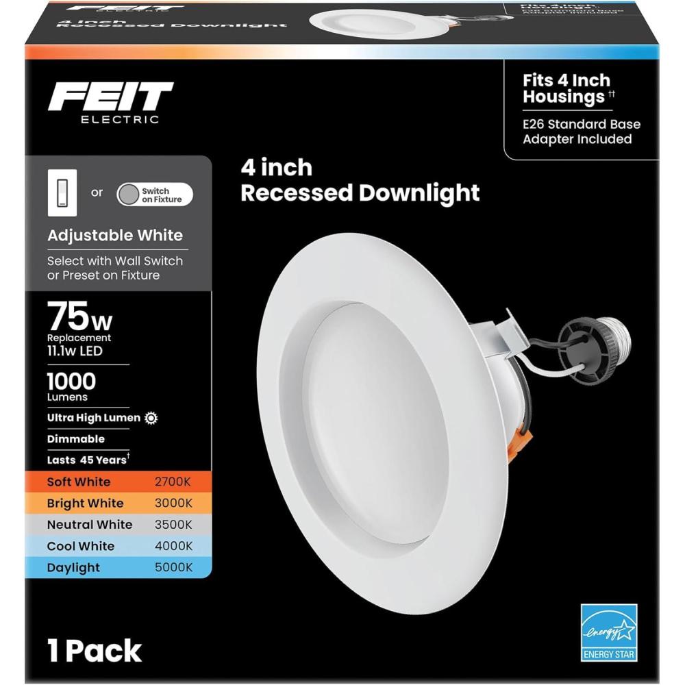 imageFeit Electric LED 4 Inch Recessed Lights Retrofit with E26 Adaptor High Output 75W Equivalent 1000 Lumens 4in Retrofit Downlights Dimmable 50000 Hours 5000 CCT 6 Pack LEDR4XHO950CA66Way Adjustable White
