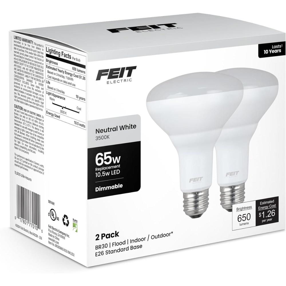 imageFeit Electric LED BR30 Light Bulbs 65W Equivalent Dimmable 10 Year Life 650 Lumens 2700K Soft White E26 Base Recessed Can Light Bulbs Flood Light Bulbs Damp Rated 12 Pack BR30DM10KLEDMP123500k Neutral White