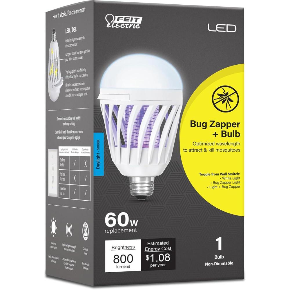 imageFeit Electric LED Bug Zapper Light Bulb 60W Replacement E26 Base 700 Lumen 2in1 Light Bulb and Zapper 5000K Daylight 15000Hour Lifetime C60950CABZLED5000k Daylight