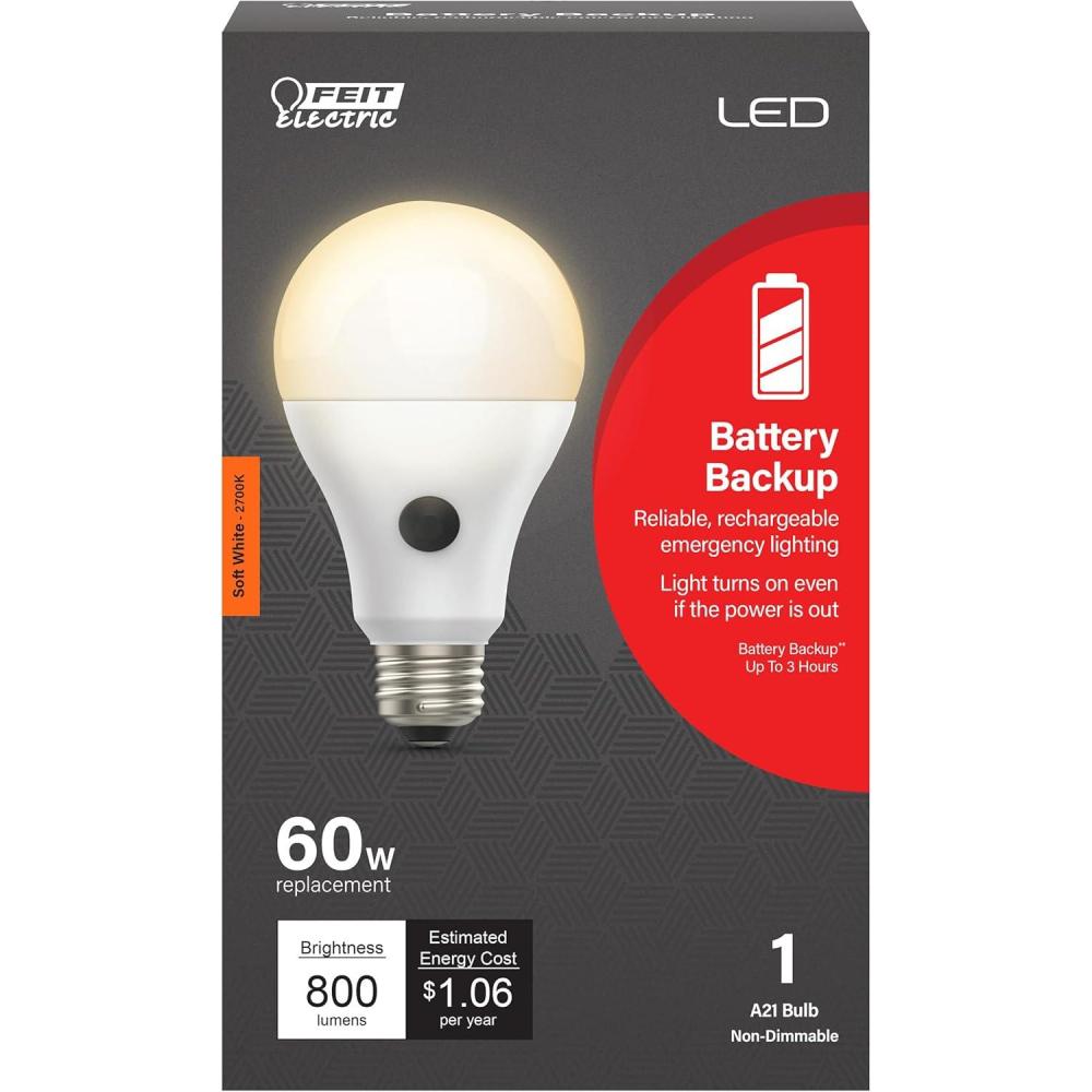 imageFeit Electric LED Builtin Battery Backup Intellibulb  A21 with an E26 Medium Base Light Bulb  60W Equivalent  15 Year Life  800 Lumen  2700K Soft WhiteA21