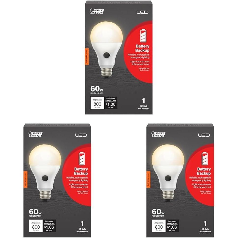 imageFeit Electric LED Builtin Battery Backup Intellibulb  A21 with an E26 Medium Base Light Bulb  60W Equivalent  15 Year Life  800 Lumen  2700K Soft WhiteA21 Pack of 3
