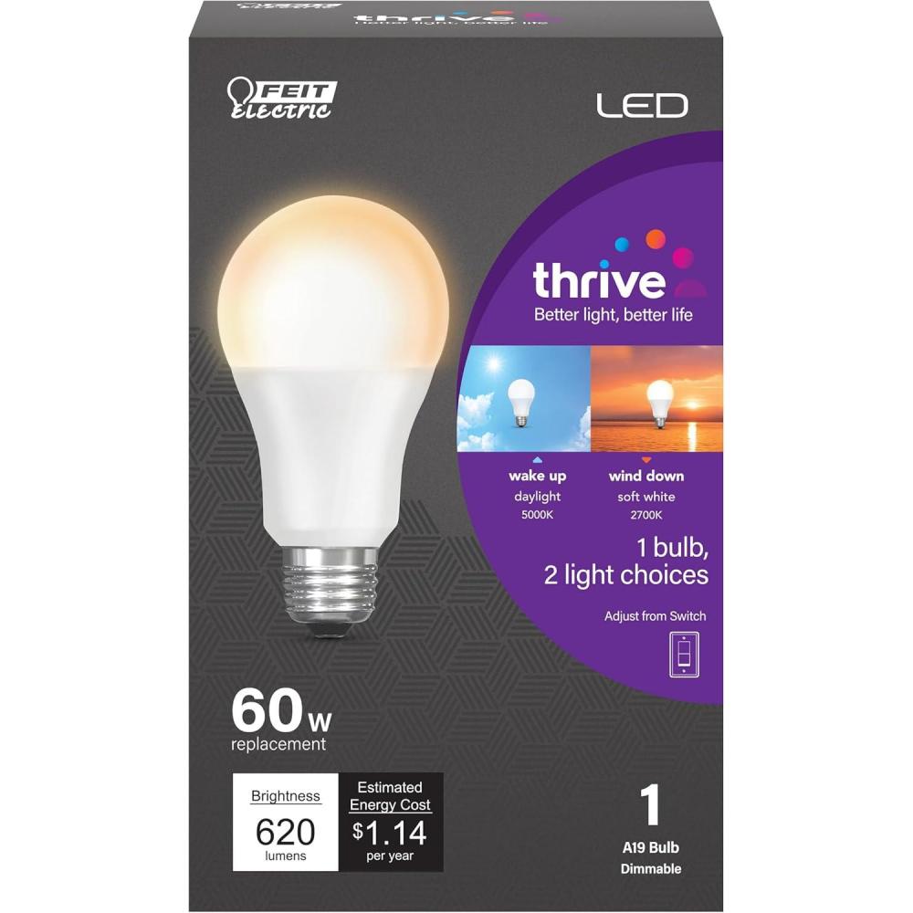 imageFeit Electric LED Circadian Rhythm Intellibulb  A19 with an E26 Medium Base Light Bulb  60W Equivalent  15 Year Life  620 Lumen  2700K Soft White and 5000K Daylight