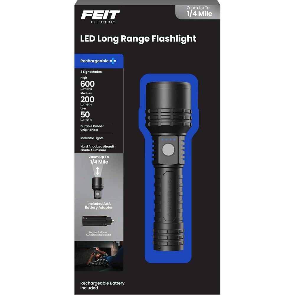 imageFeit Electric LED Long Range Flashlight 600 Lumens 3 Light Modes 14 Mile Zoom Rechargeable Waterproof and WeatherResistant for Outdoor Adventures and Emergency Kits FLR600LTFLEX600 Lumens