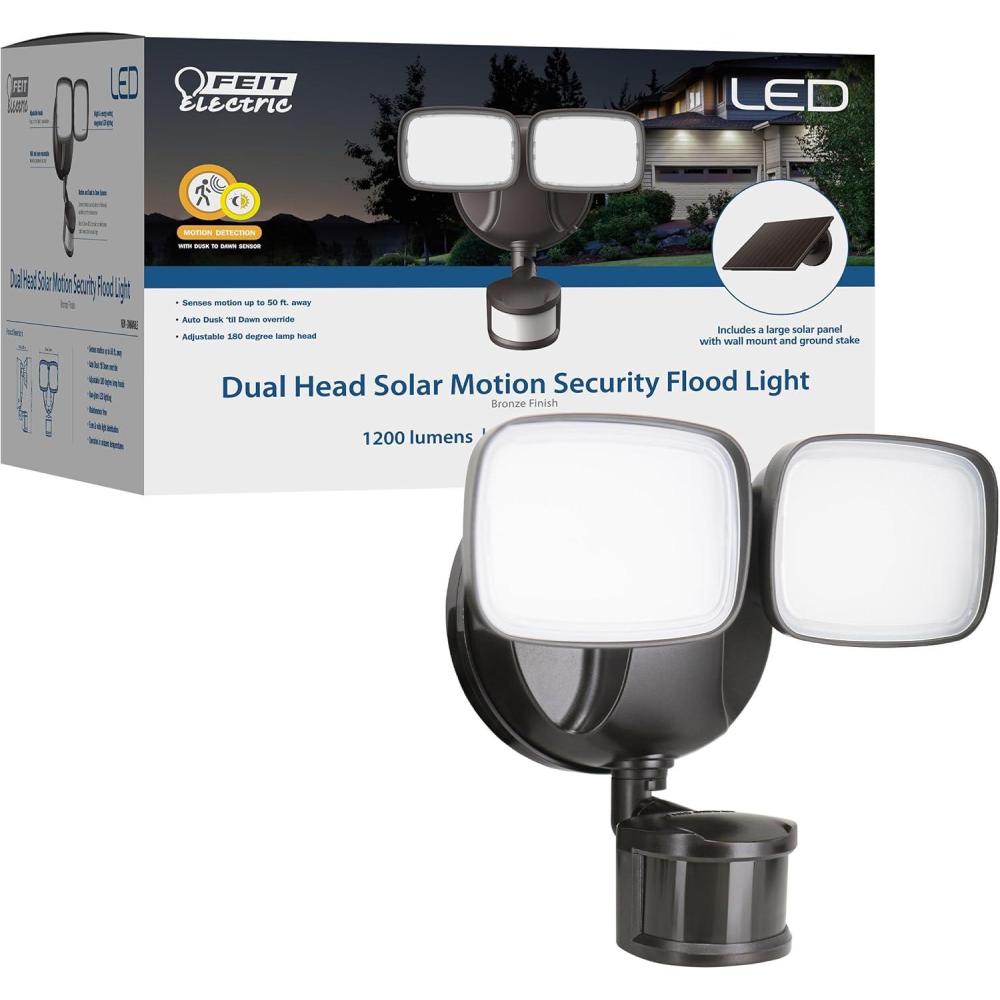 imageFeit Electric LED Outdoor Security Floodlight Dual Head Motion Sensor up to 50 ft DusktoDawn Solar Panel Included 1200 Lumens 5000K Daylight 50000Hour Lifetime S951200850SOLBZ