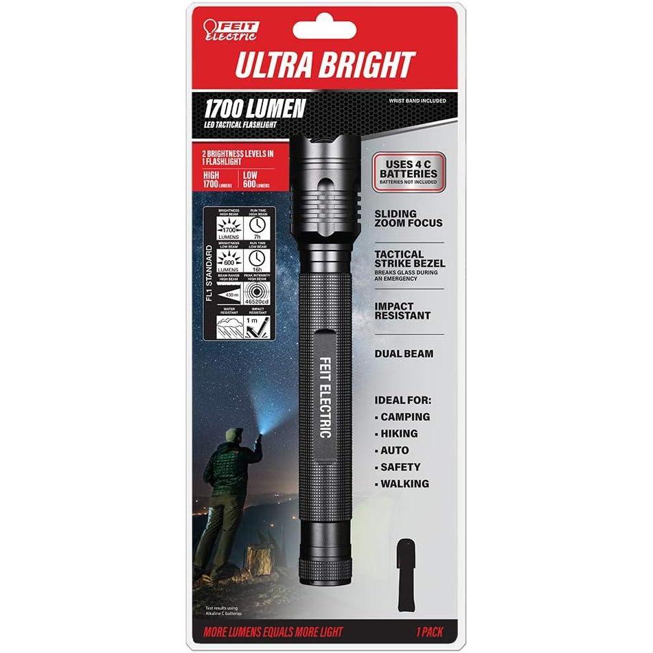 imageFeit Electric LED Tactical Flashlight  Aluminum Alloy  Zoomable Strike Bezel Illuminate up to 1000 feet  Adjustable Brightness 600 to 1700 Lumen  Requires 4C Batteries