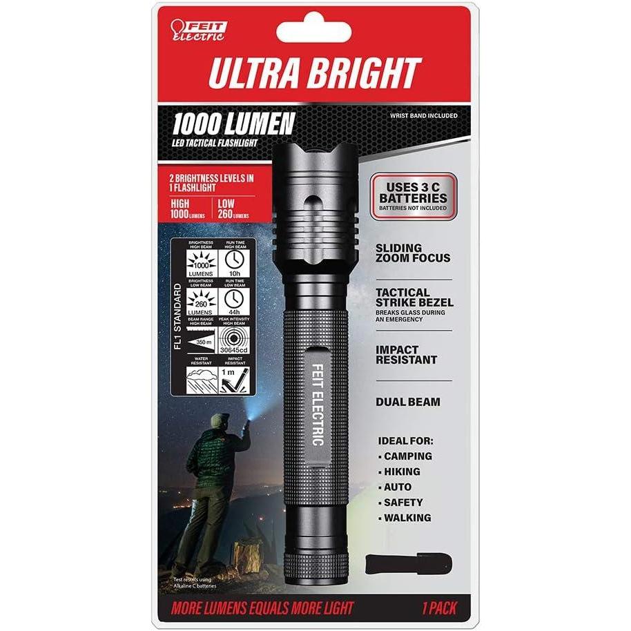 imageFeit Electric LED Tactical Flashlight  Aluminum Alloy  Zoomable Strike Bezel Illuminate up to 1000 feet  Adjustable Brightness from 2601000 Lumen  Requires 3C Batteries