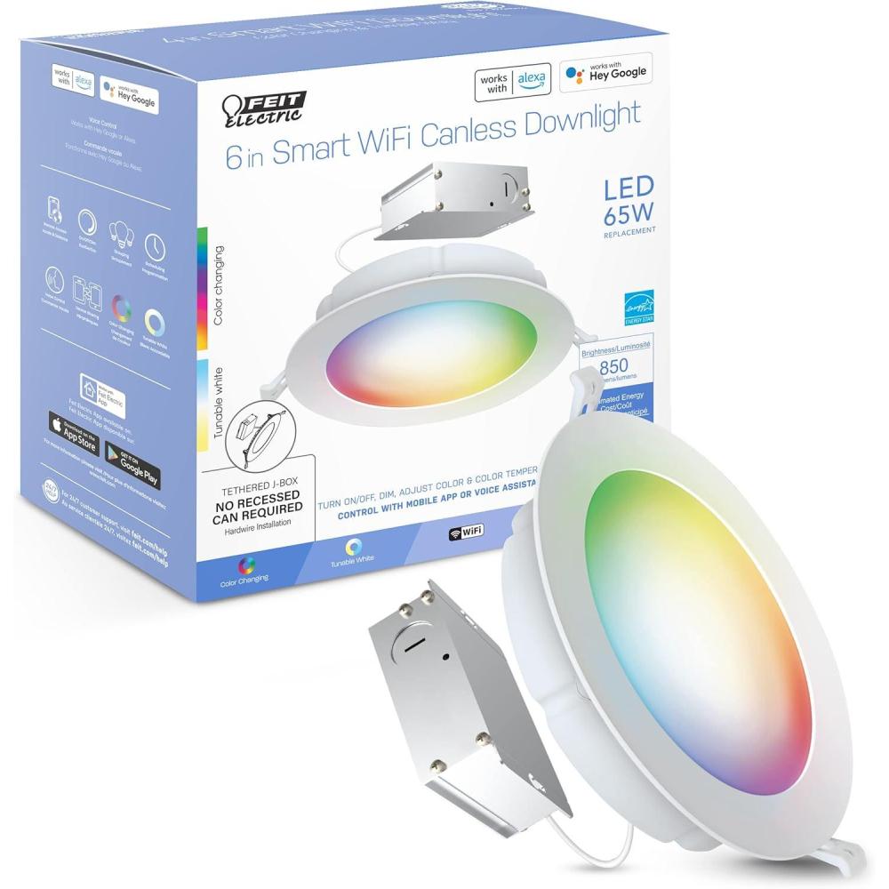 imageFeit Electric LEDR6XTRGBWCAAG 6quot 65 Watt Equivalent WiFi Color Changing Tunable White No Hub Required Alexa or Google Assistant No Hub Required LED Smart Canless Retrofit Recessed Downlight Kit75 H x 26 D