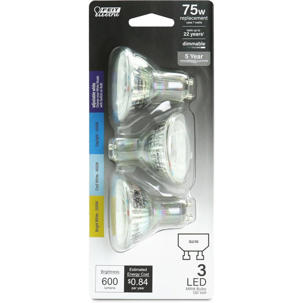 imageFeit Electric MR16 LED Reflector Light Bulb 35W Equivalent Dimmable GU10 Base 90 CRI 300 Lumen Adjustable Color Temperature Track Lighting 25000Hour Lifespan BPMR16GU10353CCTCA3 3Pack75Watt  Adjustable White