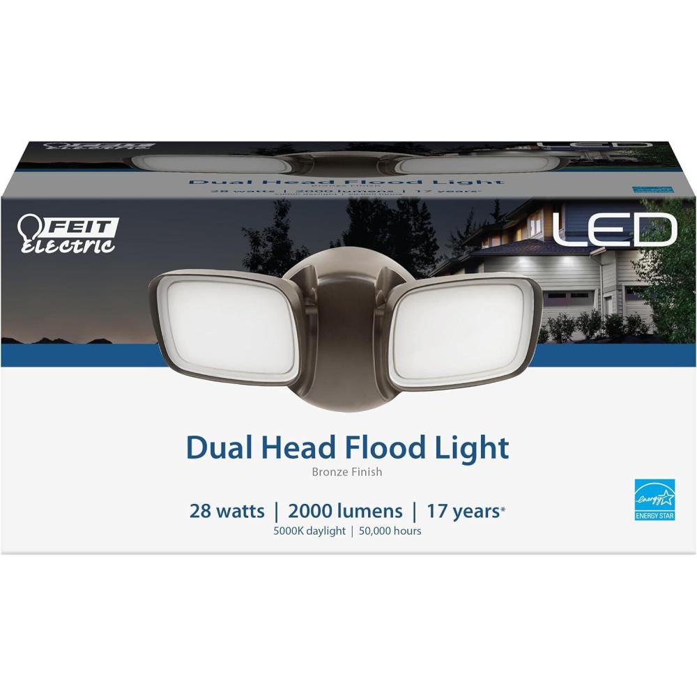 imageFeit Electric Outdoor LED Security Light Dusk to Dawn 28 Watts Weather Resistant Flood Light Dual Head 2000 Lumens 5000K Daylight 50000 Hour Lifespan Bronze Finish S9DFL850DDBZV1Bronze