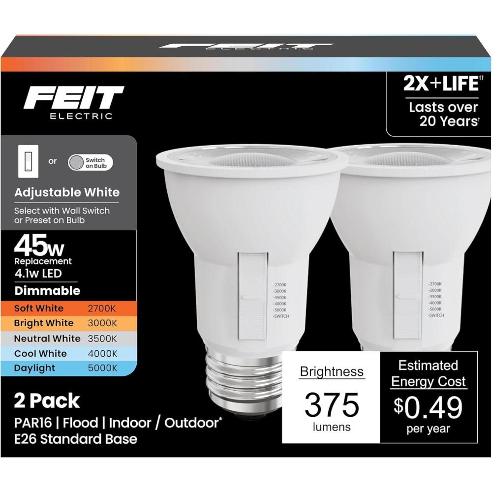 imageFeit Electric PAR16 LED Flood Light Bulbs 41W 45W Equivalent Dimmable Adjustable White 2700K5000K 375 Lumens 90 CRI 40 Beam Angle E26 Base IndoorOutdoor Use PAR1645DM6WYCA2 2 Pack6way